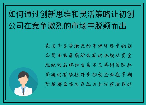 如何通过创新思维和灵活策略让初创公司在竞争激烈的市场中脱颖而出 如何通过创新思维和灵活策略让初创公司在竞争激烈的市场中脱颖而出